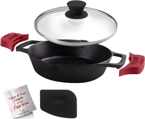 Miniatura 22 de Cuisinel Juego de sartenes de hierro fundido, sartén de 8 pulgadas + 12 pulgadas + tapas de vidrio, utensilios de cocina pre-sazonados, soportes