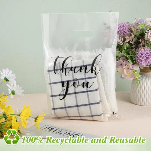 Miniatura 7 de Crtiin 100 piezas de bolsas de mercancía transparentes con texto "Thank You" y asas troqueladas, bolsas de plástico para camisetas, embalaje
