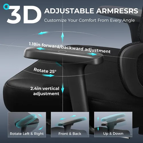 Miniatura 4 de Silla de oficina ergonómica con reposapiés, silla de escritorio grande y alta, silla de computadora con respaldo alto con brazos 3D y soporte Negro