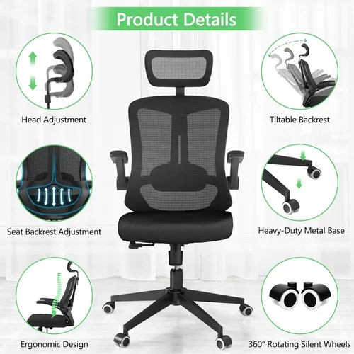 Miniatura 4 de Silla de oficina de malla, ergonómica con soporte lumbar, color negro, estilo moderno, respaldo de malla, bloqueo de inclinación de 90-135