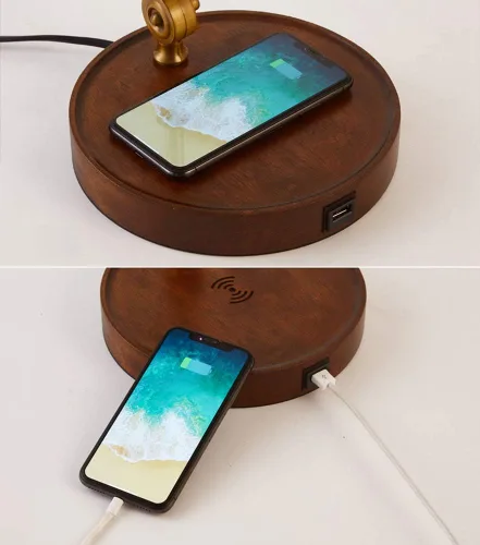 Miniatura 6 de Hsyile KU300237 Lámpara de mesa retro con interruptor de cuerda con puertos de carga USB, con pantalla de cristal retro verde para sala de estar