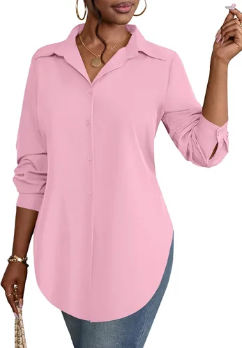 Miniatura 17 de Rooscier Blusa larga con cuello en V para mujer, manga larga, abertura lateral, con botones