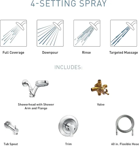 Miniatura 6 de Moen Meena Oro Bronceado Grifo de Ducha Moderno de Una Sola Manija con Ducha de Mano y Boquilla de Tina para Bañera, Válvula Incluida, 82618BZG
