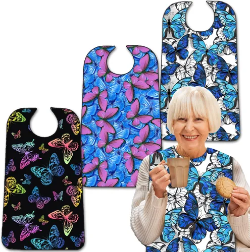 Miniatura 8 de Paquete de 3 baberos para adultos con recogedor de migas, baberos lavables y ajustables para adultos para mujeres mayores, baberos para comer