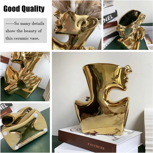 Miniatura 5 de Estatua de cerámica, florero con cara, macetas de busto con forma de cabeza para regalos de cumpleaños, decoración del hogar y la oficina (dorada)