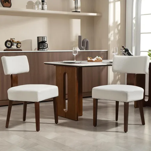 Miniatura 31 de Juego de 4 sillas de comedor, sillas de cocina de tela tapizada en madera, silla acolchada de lino sin brazos con respaldo curvo acentuado