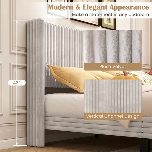 Miniatura 4 de Giantex Base de cama de terciopelo tamaño Queen, plataforma tapizada con cabecera vertical copetuda, base de colchón de soporte de listones