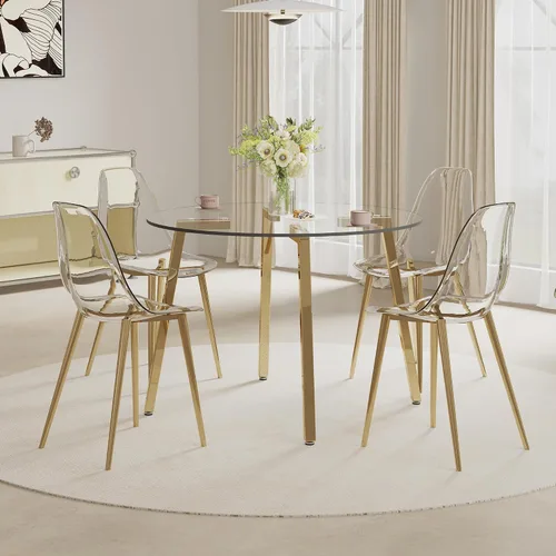 Miniatura 3 de Juego de mesa de comedor redonda de vidrio para 4, juego de mesa de comedor circular moderno de 42 pulgadas, mesa de cocina pequeña de 5 piezas