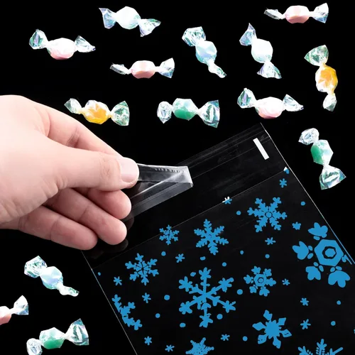Miniatura 3 de Yinder 500 bolsas de invierno para galletas de invierno, bolsa de celofán con copos de nieve, bolsa de dulces autoadhesiva para suministros de Blanco