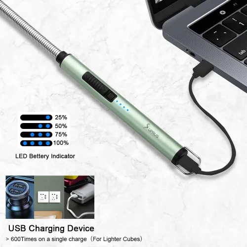 Miniatura 4 de Encendedor de vela eléctrico SUPRUS USB tipo C recargable con carcasa de acero y gancho colgante con cuello flexible de 360° (Verde)