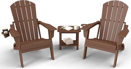 Miniatura 23 de Juego de sillas plegables Adirondack de 3 piezas, respaldo extra alto de 38 pulgadas y grano de madera en relieve, muebles de patio de polietileno