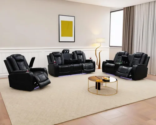 Juego de sofá reclinable eléctrico de cuero con LED, juego de muebles de sala de estar, juego de sofá de cuero con puerto USB, consola de
