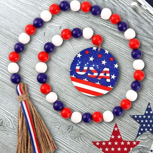 Miniatura 2 de CYee Guirnalda patriótica de cuentas de madera del 4 de julio con borlas rústicas para colgar en la pared con bandera americana con etiqueta