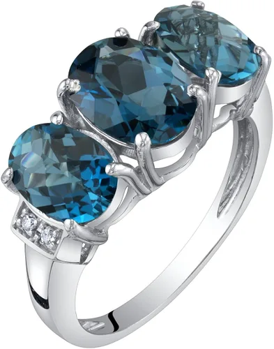Peora Anillo trino de tres piedras de oro blanco macizo de 14 quilates y piedras preciosas auténticas o creadas para mujer, tallas 5 a 9, Metal
