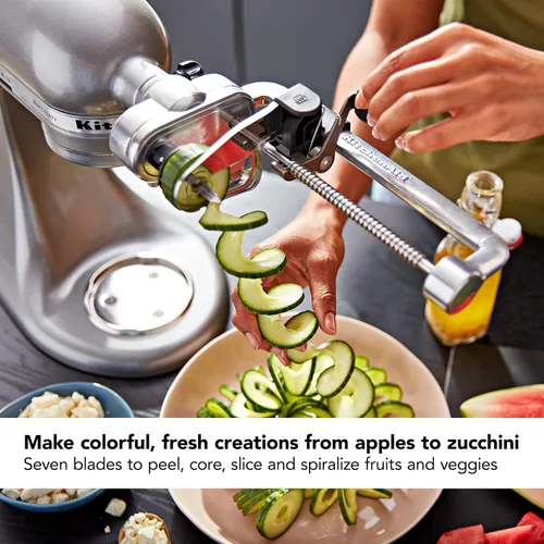 Miniatura 6 de KitchenAid Spiralizer Plus - Accesorio con cáscara, núcleo y rebanada, accesorio para procesador de alimentos plateado y KSM2FPA, kit de corte