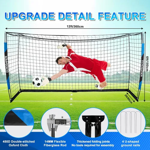 Miniatura 3 de Portería de fútbol de 12 x 6 pies/6 x 4 pies, portería de fútbol portátil para patio trasero, fácil de transportar, fácil de instalar, viene con 1