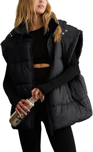 Miniatura 29 de Shiyifa Chaleco acolchado para mujer, chaqueta de gran tamaño, sin mangas, ligera, con cremallera, con capucha desmontable