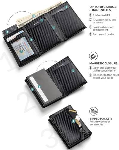 Miniatura 2 de VULKIT Tarjetero con bolsillo para monedas, cierre magnético, tarjetas emergentes con ventana de identificación, cartera de cuero para efectivo