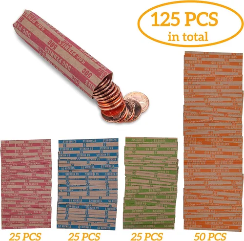 Miniatura 5 de DGBDPACK 125 Surtido de envoltorios planos para monedas, 25 centavos, 25 níquel, 25 centavos, 50 cuartos Paquete conveniente