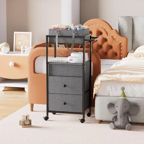Miniatura 7 de Modanais Carrito organizador de pañales para bebé con cajones, carrito de almacenamiento rodante 3 en 1 con ruedas, organizador de pañales