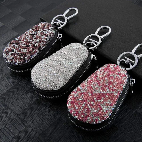 Miniatura 4 de Funda para llave de coche, multifuncional, con cierre y mosquetón, piel con brillantes, color rosa