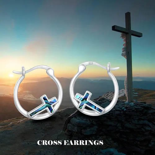 Miniatura 7 de Aretes de aro con cruz para mujer, plata de ley 925, con concha de abulón, regalos para mujeres y niñas