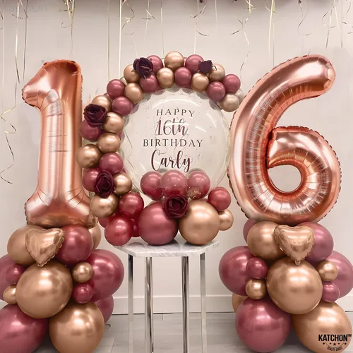 Miniatura 5 de KatchOn, Globo de oro rosa con el número 16 de 40 pulgadas Globo de aluminio para decoraciones de cumpleaños de 16 años para niñas Globo de oro