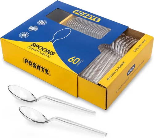 POSATE Cucharas de plástico resistentes, transparentes, desechables, paquete de 60