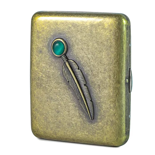 Estuche de metal vintage – Estuche retro con exquisitos adornos de plumas talladas y piedras preciosas esmeralda – Estuche de almacenamiento