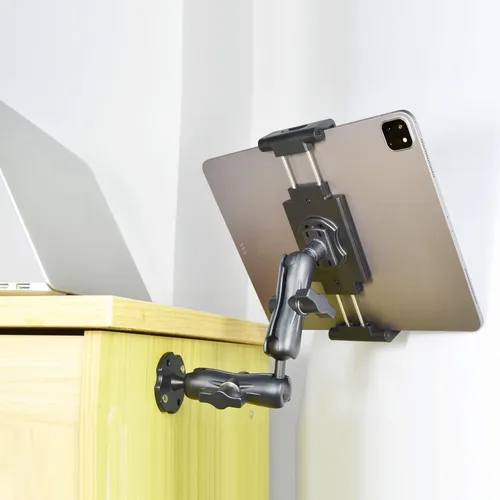Miniatura 4 de VAUBORTTI Soporte de aluminio resistente para tablet de doble brazo con base de taladro de rotación de 360° de 4 puntos, se adapta a tabletas de 6.5