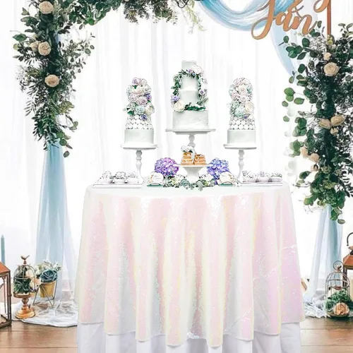 Miniatura 10 de ShinyBeauty Mantel de lentejuelas rosa intenso, superposición redonda brillante de 120 pulgadas para decoración de bodas, fiestas de cumpleaños