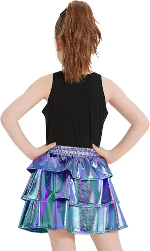 Miniatura 5 de techcity Falda metálica brillante de 3 capas con volantes para niñas, ropa de disfraz de fiesta de baile para niñas de 4 a 13 años con gafas