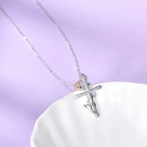 Miniatura 4 de Distance S925 Sterling Silver Rose Flower Necklace, Rose Bracelet, Two-Tone Cross Pendant Necklaces for Women Girls Gift for Valentine Birthday