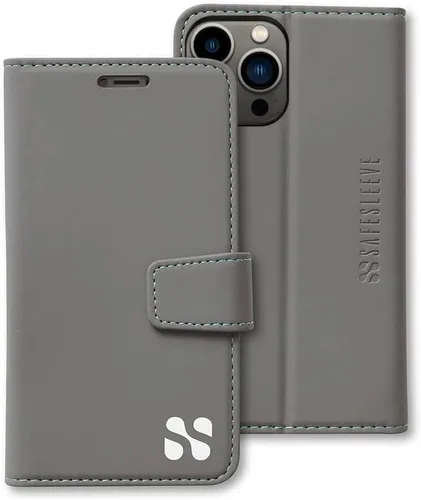 Miniatura 50 de SafeSleeve Funda de piel tipo cartera desmontable para iPhone 14 con bloqueador EMF para teléfono celular con 3 tarjeteros y soporte ajustable