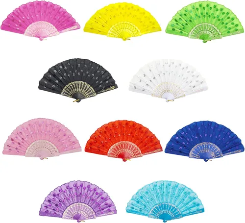 Miniatura 10 de EOSAU Abanicos plegables chinos de mano de encaje para mujer, plegables a granel para fiestas, bodas, iglesias, bailes (10 colores mezclados 01)