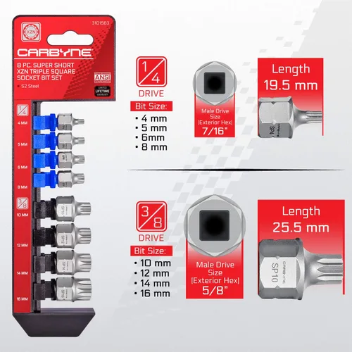 Miniatura 2 de CARBYNE Juego de 8 piezas XZN Triple Square Super Short Low Profile Bit Socket Set – 12 puntos 0.157 in a 0.630 in, Dual-Drive: unidad cuadrada