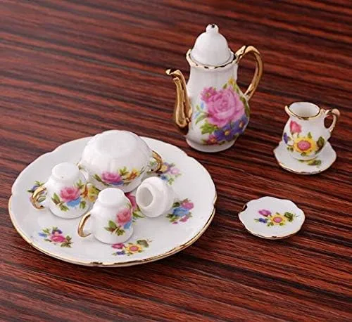 Miniatura 7 de EatingBiting Colección Nivel 1:12 Escala 1/12 8PCS Elegante Flora Miniatura Mini Casa Porcelana Plato de Té de Porcelana, Tetera, Taza, Juego