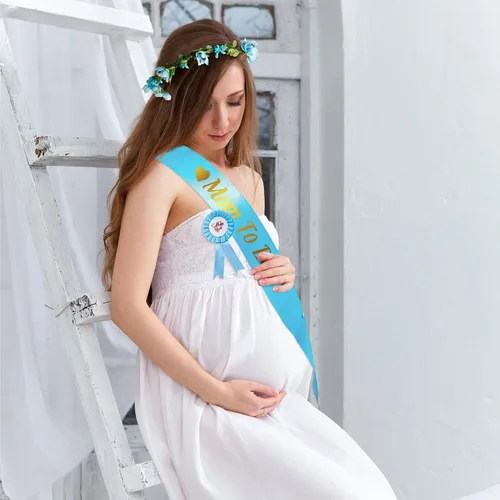 Miniatura 6 de Kit de banda azul y dorada para mamá, revelación de género, corona de guirnalda floral para fiesta con insignia de hojalata, suministros
