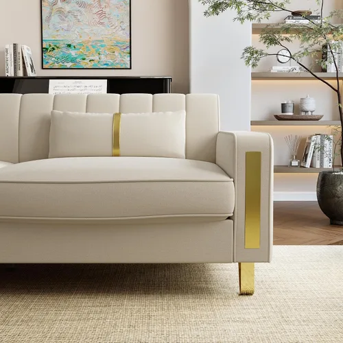 Miniatura 3 de Sofá de dos plazas para sala de estar, sofá de terciopelo beige de 86 pulgadas con 2 almohadas y patas de metal dorado, sofá tapizado moderno sofá