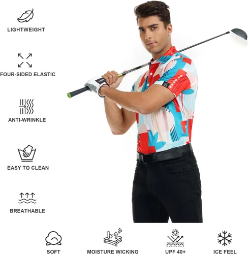 Miniatura 22 de DEOLAX Camisa de golf para hombre, con estampado de moda, atlética, de manga corta, clásica, casual, ajuste seco, suave, para hombres