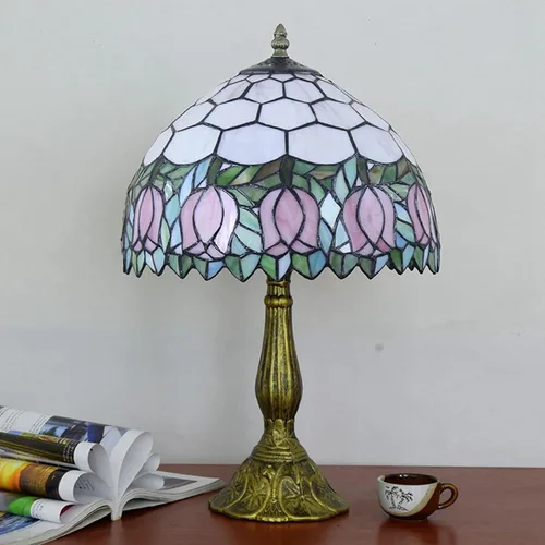 Miniatura 3 de Tiffany - Lámpara de vitral, tulipán rosa, lámpara de mesa para dormitorio, lámpara de escritorio de lectura, luz para mesita de noche, sala