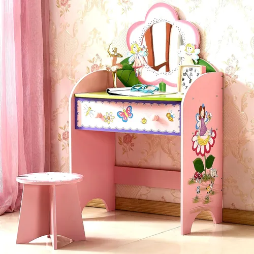 Juego de tocador para niños con espejo y taburete, mesa de maquillaje de belleza con cajón grande y silla para niños pequeños y niños, tocador de