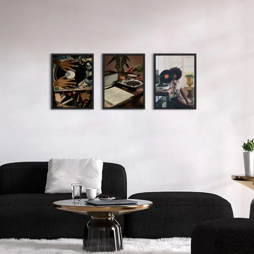 Miniatura 6 de Arte de pared de niña negra, impresiones modernas de pintura de mujer negra, juego de 3 pósteres de tocadiscos de música afroamericana, lienzo