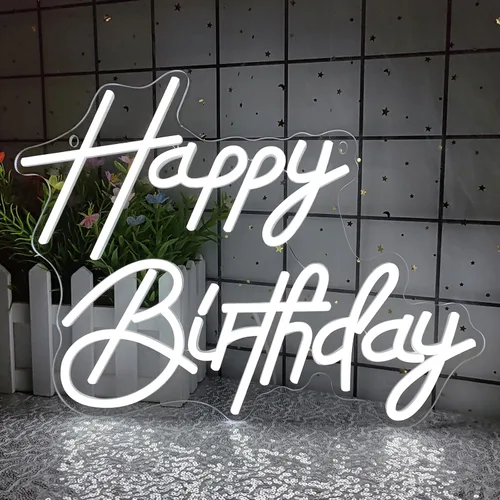 Miniatura 10 de Letreros de neón de feliz cumpleaños para decoración de fiesta, luz de neón de cumpleaños LED regulable para decoración de pared, letreros de neón