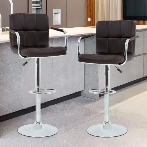 Miniatura 8 de Juego de 2 taburetes de bar con reposabrazos, taburetes de bar giratorios de altura ajustable con respaldo de piel sintética, silla de comedor alta