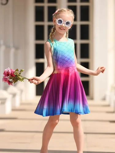 Miniatura 2 de Funnycokid Vestido de sirena para niñas, vestidos de verano sin mangas, vestido de cumpleaños, vestido de verano con vuelo, traje de 4 a 13 años