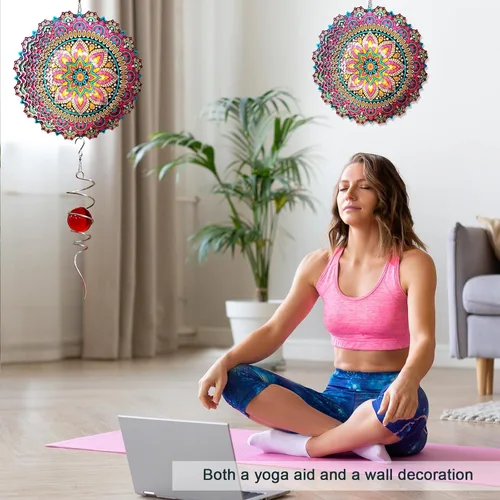 Miniatura 6 de Mandala Blossom Wind Spinner - Molinillos de Viento de Metal Escultura de Viento Colgante Cinética 3D de 12 pulgadas Cortada con Láser