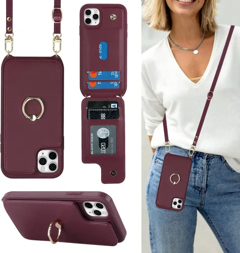 Miniatura 40 de Lipvina para iPhone 11 Pro Funda para teléfono con tarjetero y correa para mujeres, cordón cruzado, soporte de anillo con patas, cierre de presión