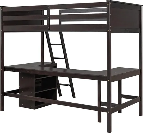 Miniatura 5 de Harper & Bright Designs Cama tipo loft individual con escritorio y 3 estantes, marco de cama tipo loft de madera maciza con escalera en ángulo