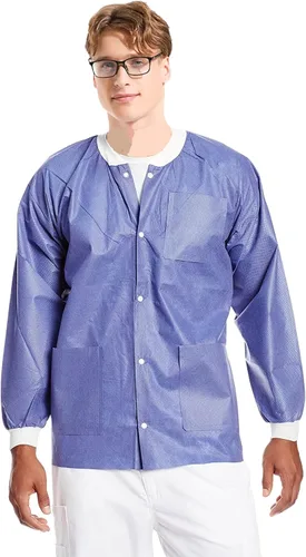 Miniatura 32 de Paquete de 10 chaquetas desechables de laboratorio, chaqueta médica reutilizable hasta la cadera, unisex, con puños de punto y bolsillos